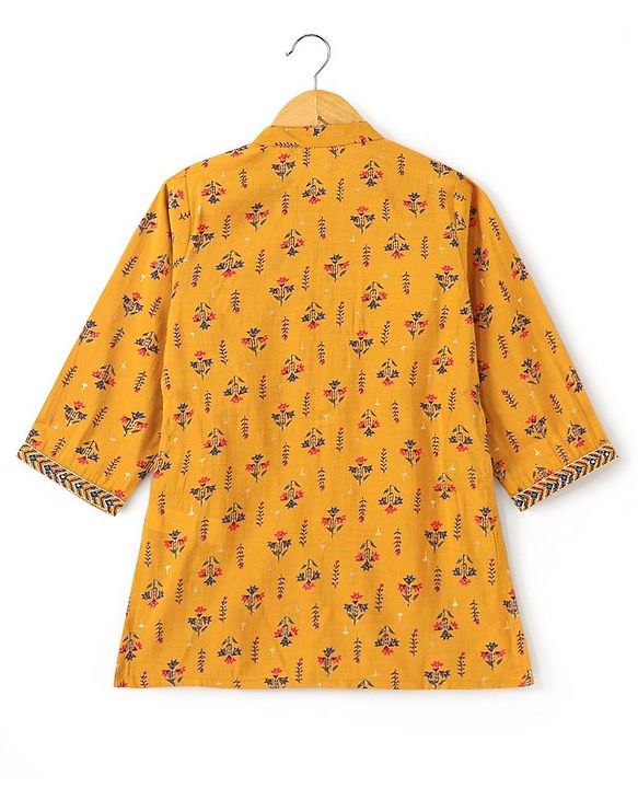 Babyhug 100% Cotton Woven Full Sleeves Floral Printed Kurta Dhoti Set - Mustard