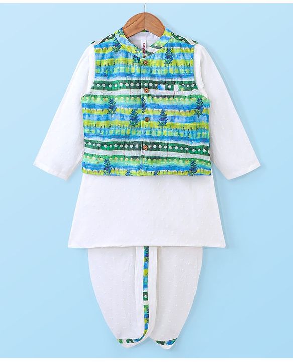 Babyhug Cotton Dobby Full Sleeves Kurta with Dhoti & Printed Jacket - White