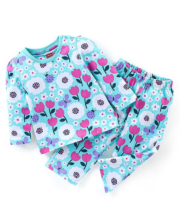 Babyhug Cotton Knit Single Jersey Full Sleeves Night Suit With Floral Print - Blue