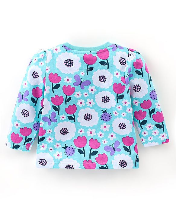 Babyhug Cotton Knit Single Jersey Full Sleeves Night Suit With Floral Print - Blue