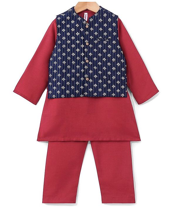 Babyhug Cotton Woven Full Sleeves Kurta & Pajama Set with Jacket Argyle Print - Maroon & Blue