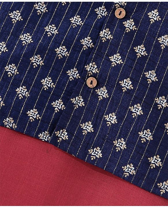 Babyhug Cotton Woven Full Sleeves Kurta & Pajama Set with Jacket Argyle Print - Maroon & Blue