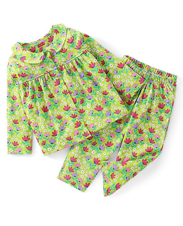 Babyhug Cotton Knit Single Jersey Full Sleeves Night Suit With Floral Print - Green