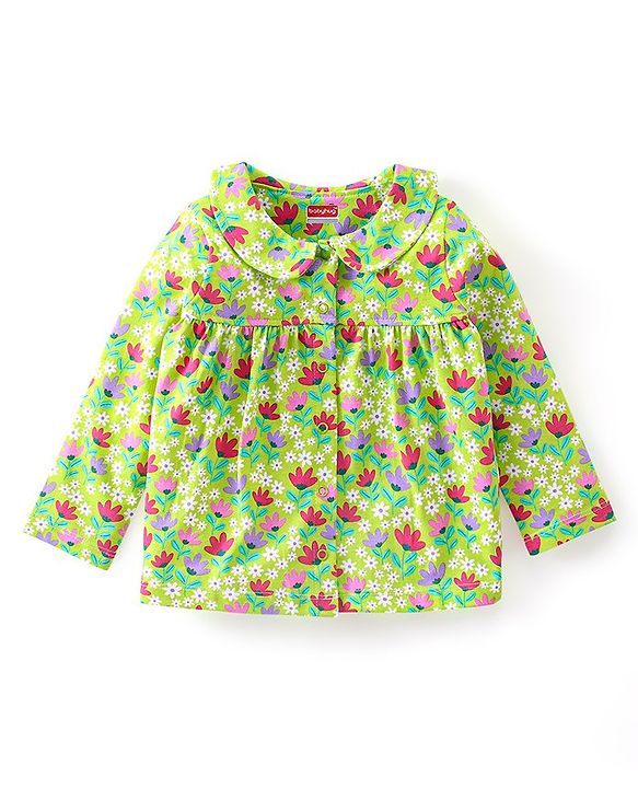 Babyhug Cotton Knit Single Jersey Full Sleeves Night Suit With Floral Print - Green