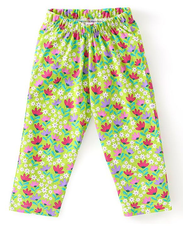 Babyhug Cotton Knit Single Jersey Full Sleeves Night Suit With Floral Print - Green