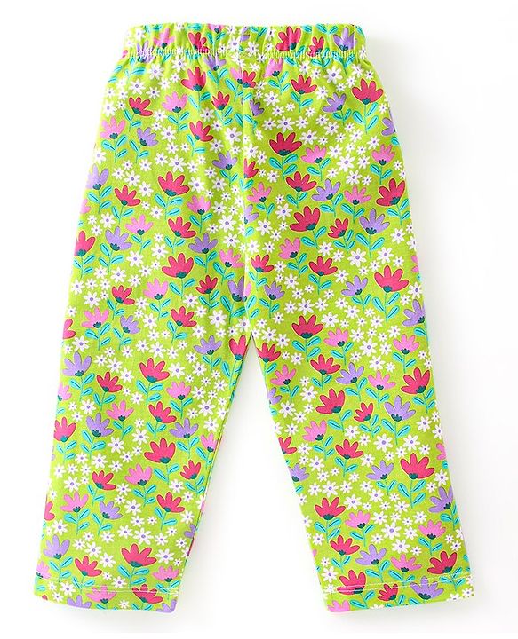 Babyhug Cotton Knit Single Jersey Full Sleeves Night Suit With Floral Print - Green