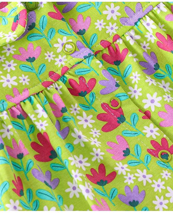 Babyhug Cotton Knit Single Jersey Full Sleeves Night Suit With Floral Print - Green
