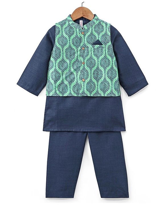 Babyhug 100% Cotton Woven Full Sleeves Solid Colour  Kurta Pyjama Set with Printed Jacket - Blue
