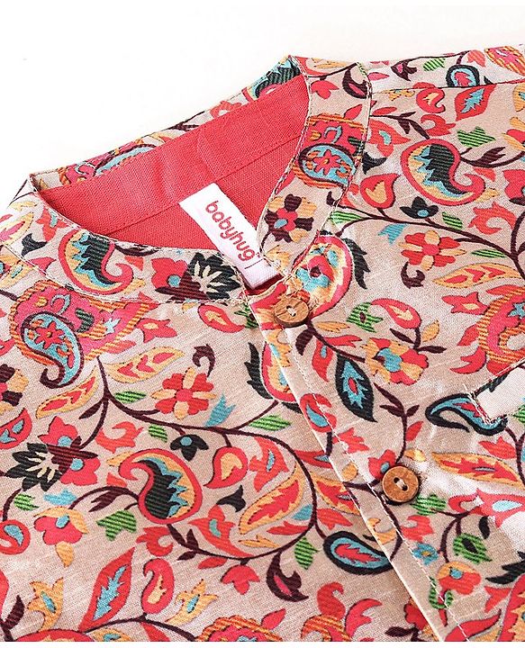 Babyhug 100% Cotton Knit Full Sleeves Kurta Pyjama Set with Printed Jacket - Peach