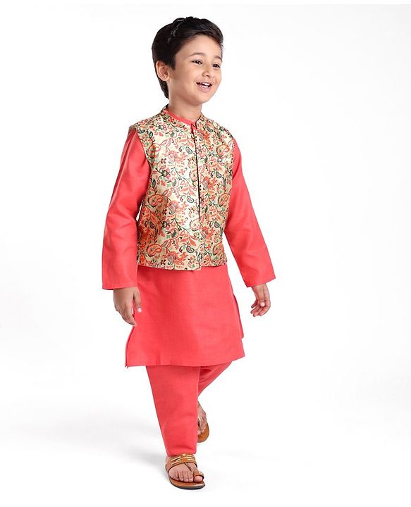 Babyhug 100% Cotton Knit Full Sleeves Kurta Pyjama Set with Printed Jacket - Peach
