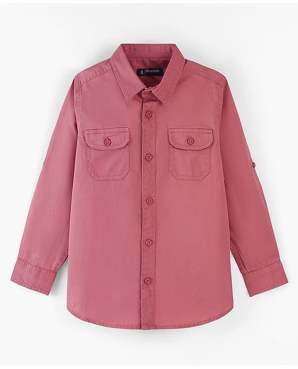 Pine Kids Cotton Woven Full Sleeves Double Flap Pocket Shirt with Inner Tee- Red