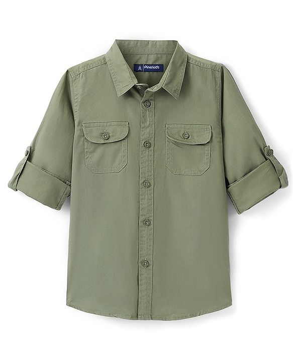Pine Kids Cotton Twill Roll Up Full Sleeves Shirt Solid- Green