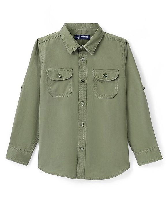Pine Kids Cotton Twill Roll Up Full Sleeves Shirt Solid- Green