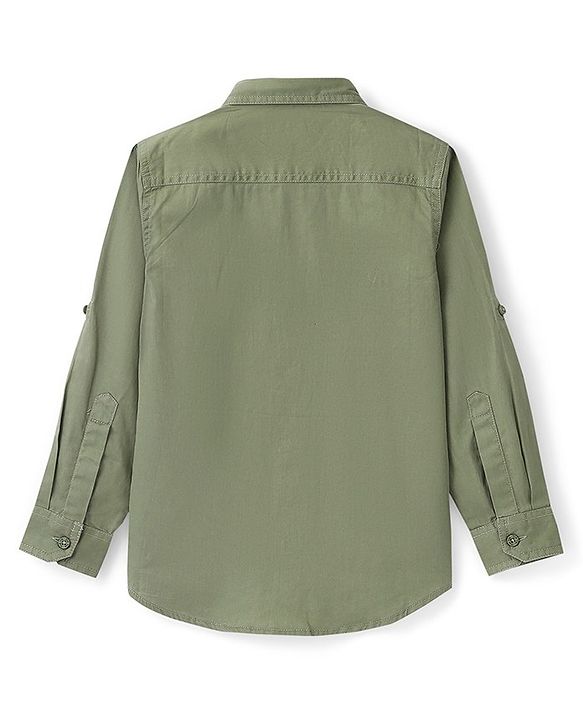 Pine Kids Cotton Twill Roll Up Full Sleeves Shirt Solid- Green
