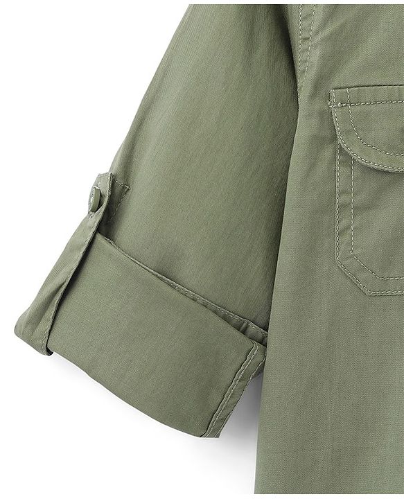Pine Kids Cotton Twill Roll Up Full Sleeves Shirt Solid- Green