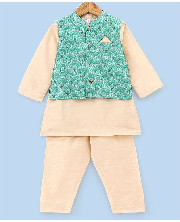 Babyhug 100% Cotton Woven Full Sleeves Solid Kurta Pyjama Set with Floral Printed Jacket - Beige