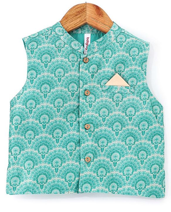 Babyhug 100% Cotton Woven Full Sleeves Solid Kurta Pyjama Set with Floral Printed Jacket - Beige