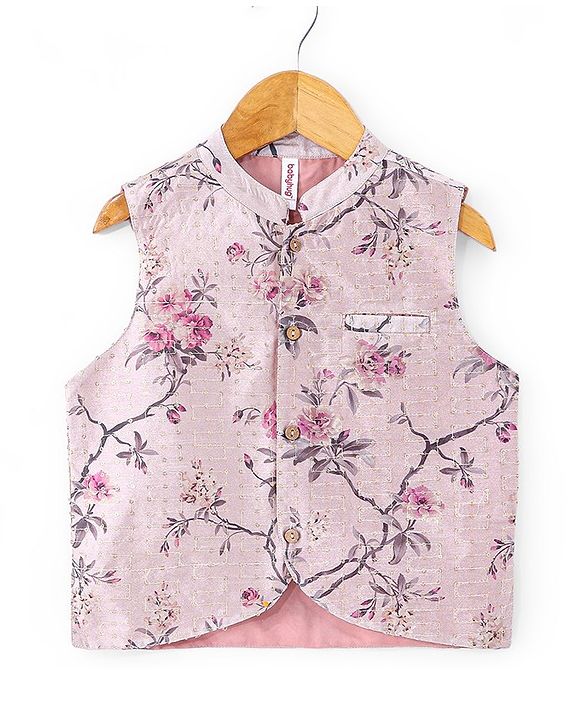 Babyhug 100% Cotton Woven Full Sleeves Solid Colour  Kurta Pyjama Set with Floral Printed Jacket - Magenta
