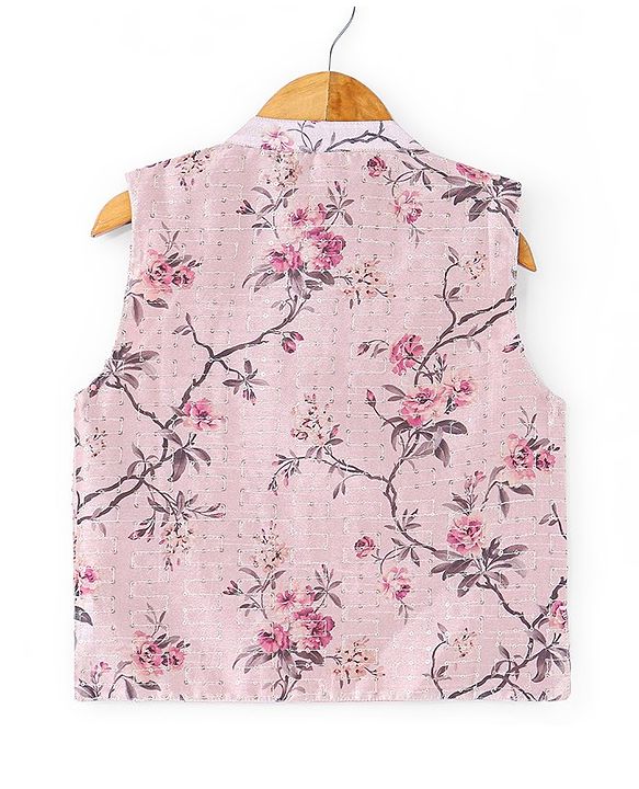 Babyhug 100% Cotton Woven Full Sleeves Solid Colour  Kurta Pyjama Set with Floral Printed Jacket - Magenta