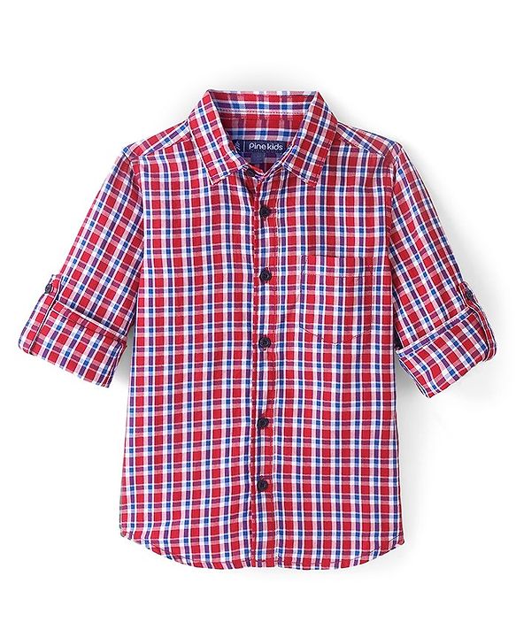 Pine Kids Cotton Full Sleeve Turn Up Single Pocket Checkered Shirt - Red