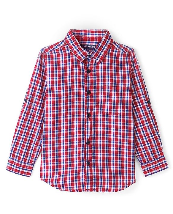 Pine Kids Cotton Full Sleeve Turn Up Single Pocket Checkered Shirt - Red