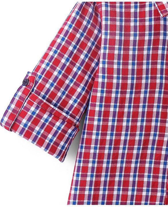 Pine Kids Cotton Full Sleeve Turn Up Single Pocket Checkered Shirt - Red