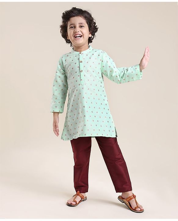 Babyhug Woven Full Sleeves Foil Floral Print Ethnic Kurta & Pajama Set - Light Green & Maroon