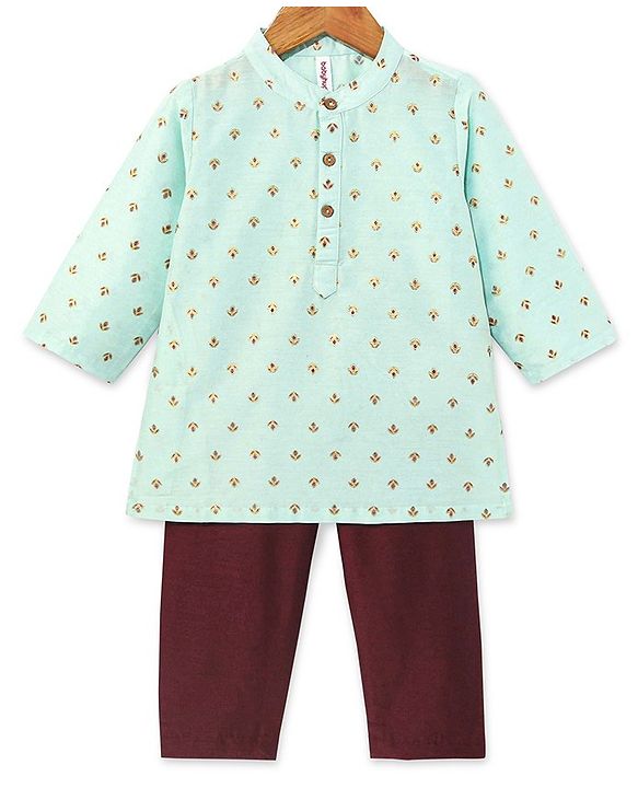 Babyhug Woven Full Sleeves Foil Floral Print Ethnic Kurta & Pajama Set - Light Green & Maroon