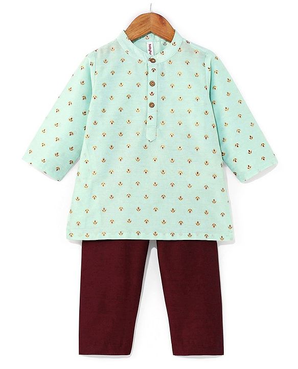 Babyhug Woven Full Sleeves Foil Floral Print Ethnic Kurta & Pajama Set - Light Green & Maroon