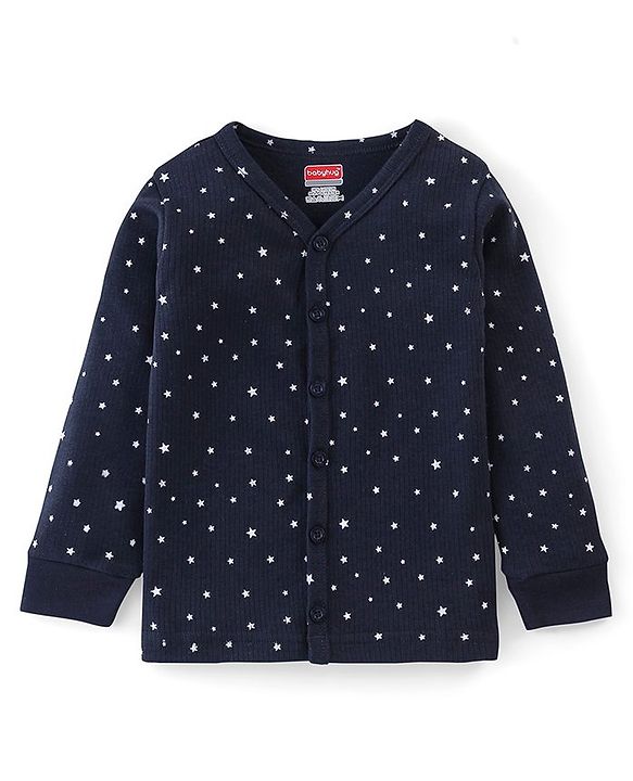 Babyhug Cotton Front Open Full Sleeve Vest and Legging Thermal Wear Star Printed Combo Set - Navy Blue