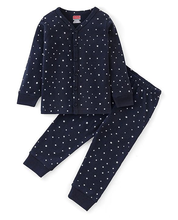 Babyhug Cotton Front Open Full Sleeve Vest and Legging Thermal Wear Star Printed Combo Set - Navy Blue