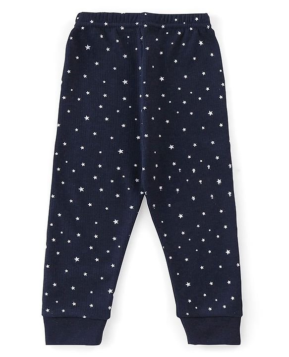 Babyhug Cotton Front Open Full Sleeve Vest and Legging Thermal Wear Star Printed Combo Set - Navy Blue