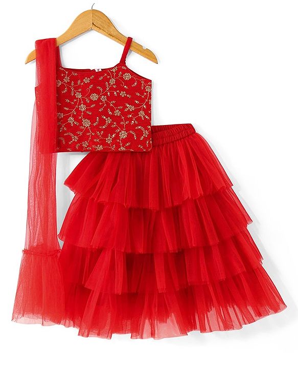 Babyhug Sleeveless Floral Embroidered Choli with Net Layered Lehenga and Dupatta Set - Red