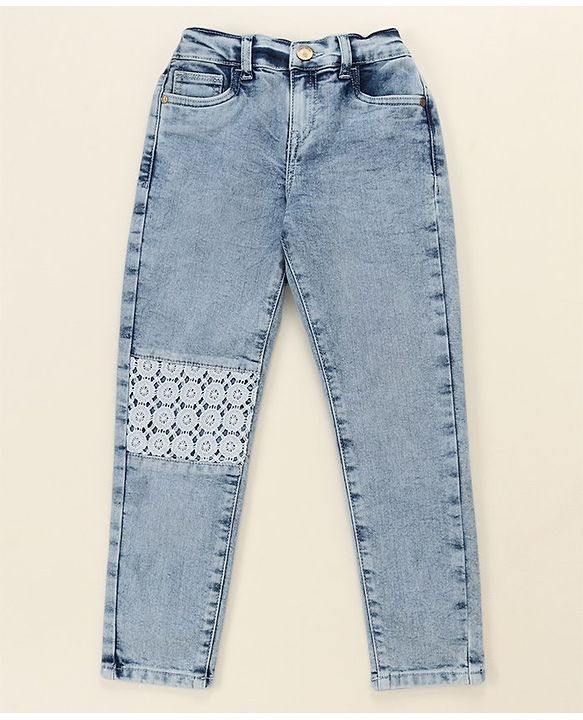 Pine Kids Cotton Elastane Full Length Denim Jeans with Lace Detailing- Light Blue