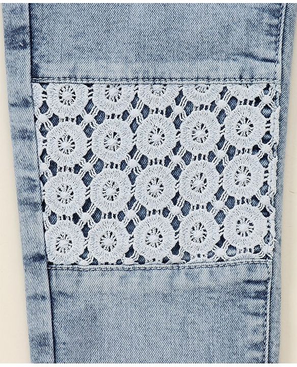 Pine Kids Cotton Elastane Full Length Denim Jeans with Lace Detailing- Light Blue