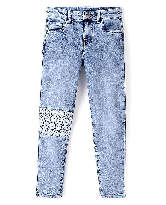 Pine Kids Cotton Elastane Full Length Denim Jeans with Lace Detailing- Light Blue