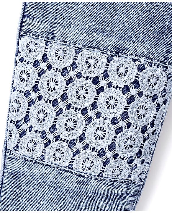 Pine Kids Cotton Elastane Full Length Denim Jeans with Lace Detailing- Light Blue