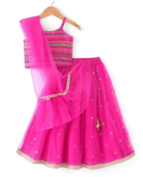 Babyhug Woven Sleeveless Zari Design Choli with Lehenga & Dupatta Golden Foil Embroidery- Fuchsia