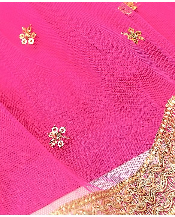 Babyhug Woven Sleeveless Zari Design Choli with Lehenga & Dupatta Golden Foil Embroidery- Fuchsia