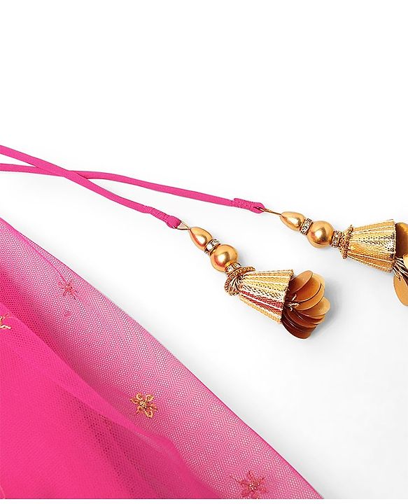Babyhug Woven Sleeveless Zari Design Choli with Lehenga & Dupatta Golden Foil Embroidery- Fuchsia
