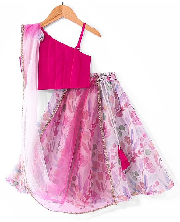 Babyhug Sleeveless Pleated Choli with Floral Printed Lehenga and Dupatta Set - Off White & Pink