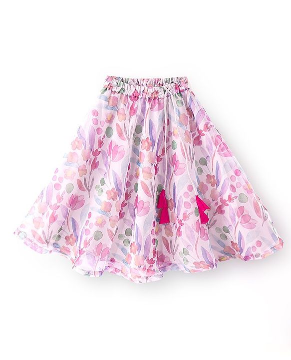 Babyhug Sleeveless Pleated Choli with Floral Printed Lehenga and Dupatta Set - Off White & Pink
