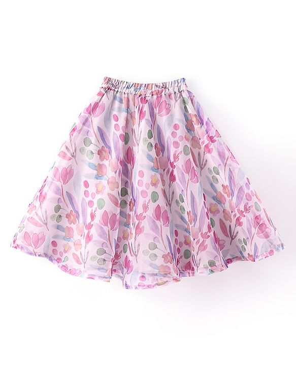 Babyhug Sleeveless Pleated Choli with Floral Printed Lehenga and Dupatta Set - Off White & Pink