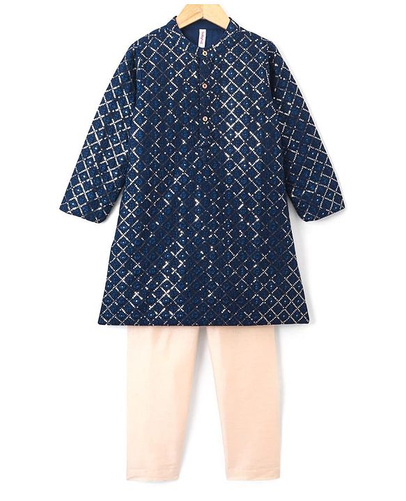 Babyhug Woven Full Sleeves Embroidered Kurta with Solid Pyjama Set - Navy Blue