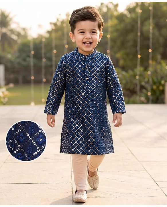 Babyhug Woven Full Sleeves Embroidered Kurta with Solid Pyjama Set - Navy Blue