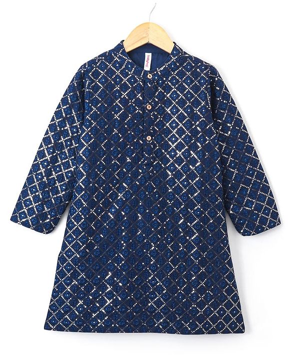 Babyhug Woven Full Sleeves Embroidered Kurta with Solid Pyjama Set - Navy Blue