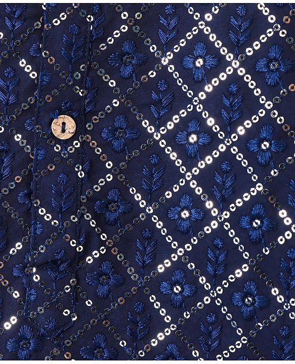 Babyhug Woven Full Sleeves Embroidered Kurta with Solid Pyjama Set - Navy Blue