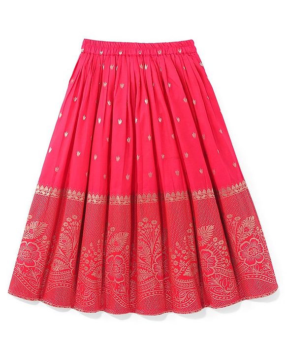 Babyhug Half Sleeves Banarsi Brocade Pattu Pavda Choli With Lehenga And Dupatta Set - Red