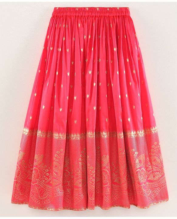 Babyhug Half Sleeves Banarsi Brocade Pattu Pavda Choli With Lehenga And Dupatta Set - Red