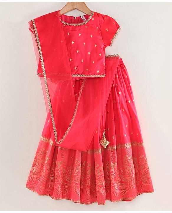 Babyhug Half Sleeves Banarsi Brocade Choli with Lehenga and Dupatta Set - Fuschia